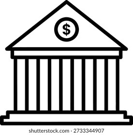 Uma ilustração minimalista de um banco com colunas e um telhado triangular