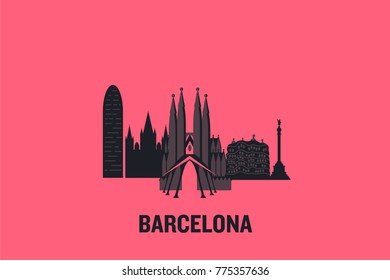 Minimalist illustration of Barcelona principal buildings. Flat vector design.