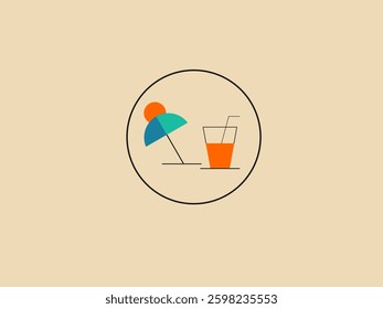 A minimalist illustration of a beach scene inside a circle