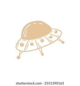 Minimalist illustration of a beige flying saucer (UFO) with a dome-shaped top and tripod landing legs, drawn in a simple, sketch-like style on a white background.