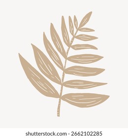 Ilustración minimalista de una hoja beige con un diseño simple y elegante. Los tonos neutros y las líneas limpias de la hoja crean una estética tranquila y natural. Vector botánico.