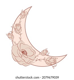 minimalist illustration beige moon, flowers, wall art, home decorations