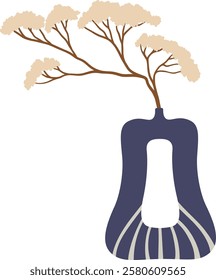 Minimalist illustration of a beige tree branch with small light flowers inside a modern designed blue vase with a hole and white stripes, isolated on a white background