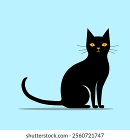 A minimalist illustration of a black cat with bright yellow eyes sitting.