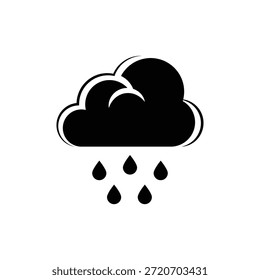A minimalist illustration of a black cloud with raindrops falling from it, set against a clean white background. The simple design makes it a versatile icon for various applications.