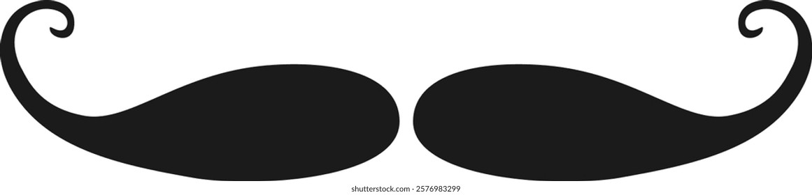 Minimalist illustration of a black, curled mustache with a whimsical design, ideal for humor or April Fools themes.