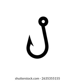 Ilustração minimalista de um gancho de pesca preto com um design de farpa afiada, isolado em um fundo branco. Simples, limpo e perfeito para vários projetos criativos.