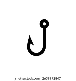 Minimalist illustration of a black fishing hook with a curved barb and a circular eyelet on a clean white background, perfect for design needs.