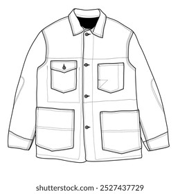 minimalist illustration with black line art and white background of casual vintage jacket with chore jacket type that has classic, versatile style with a relaxed fit, and multiple pockets