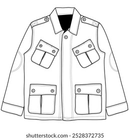 minimalist illustration with black line art and white background of casual vintage jacket with field jacket or a M-65 jacket type that has classic, versatile style with a relaxed fit