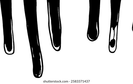 A minimalist illustration of black paint drips on a white background, creating a striking contrast. The drips vary in length and thickness, adding a dynamic feel to the design.