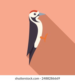 Minimalist illustration of a black woodpecker with red head, clinging to a tree trunk