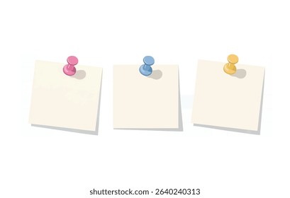 Minimalist Illustration of Blank Sticky Notes with Colored Pushpins on White Background

