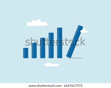 Minimalist illustration of a blue bar chart with one bar leaning, symbolizing instability, decline, or imbalance in growth, against a light sky background with clouds.