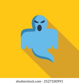 Ilustración minimalista de un fantasma azul de la historieta con una expresión enojada, flotando contra un fondo amarillo