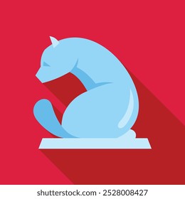 Minimalist illustration of a blue cat sculpture sitting in profile, featuring a long shadow, evoking calmness and serenity