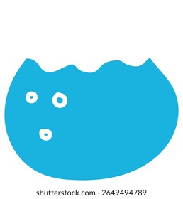 Minimalist illustration of a blue fish tank with a wavy water surface and three white bubbles, symbolizing aquatic life and calmness in a clean, abstract style.