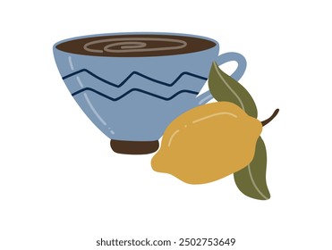 A minimalist illustration of a blue teacup filled with a hot beverage, paired with a yellow lemon and green leaves. The simple, flat design is perfect for tea-themed artwork or cozy autumn graphics