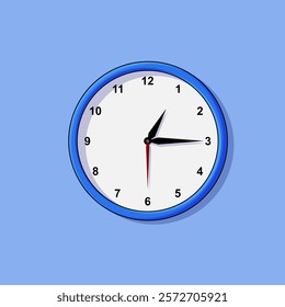 A minimalist illustration of a blue wall clock with a light blue background. Suitable for use in room design.