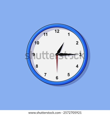 A minimalist illustration of a blue wall clock with a light blue background. Suitable for use in room design.