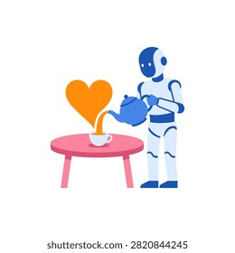 Minimalist illustration of a blue and white robot pouring tea from a teapot into a cup, with the liquid forming a large orange heart shape.