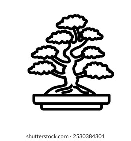 Uma ilustração minimalista de uma árvore de bonsai em um pote, simbolizando a natureza e a tranquilidade.