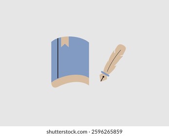A minimalist illustration of a book with a bookmark and a quill pen