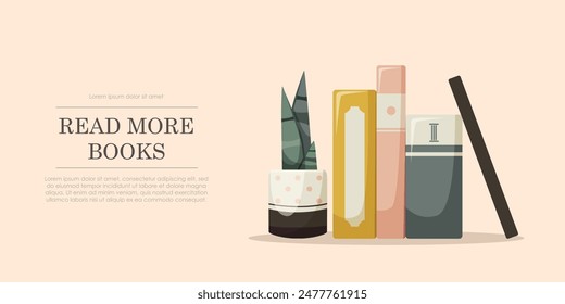A minimalist illustration of books and a plant pot on a beige background. Concept of reading. Vector illustration