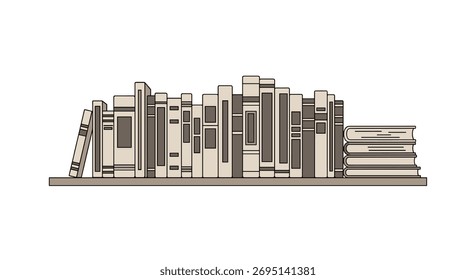 A minimalist illustration of a bookshelf filled with various hardcover books of different sizes and designs, resting on a shelf with a white background.