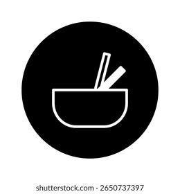 Ilustração minimalista de uma tigela com pauzinhos dentro em um plano de fundo preto redondo simples design