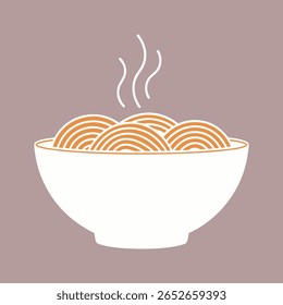Uma ilustração minimalista de uma tigela cheia de espaguete fumegante. Os macarrão são representados como linhas laranja com contornos brancos, e o vapor branco sobe da tigela contra um fundo roxo silenciado.