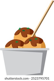 Una ilustración minimalista de un tazón de takoyaki (bolas de masa de pulpo japonés) cubierto con salsa y cebollas verdes