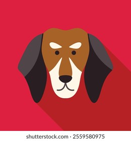 Minimalist illustration of a brown dachshund dog face, looking forward on a red background