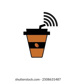 Minimalist illustration of a brown takeaway coffee cup with a black lid and straw, accompanied by a Wi-Fi signal icon. The design, set against a white background, suggests connectivity and coffee cult