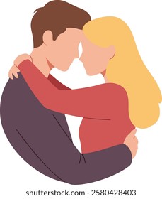 Minimalist illustration of a brown-haired boy hugging a blonde girl, lovers concept, on a white background	