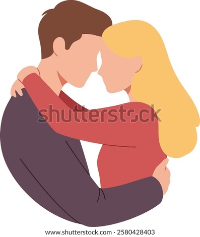 Minimalist illustration of a brown-haired boy hugging a blonde girl, lovers concept, on a white background	