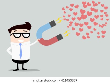 minimalist illustration of a businessman holding a red and blue horseshoe magnet attracting hearts, eps10 vector
