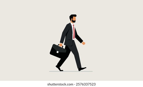 A minimalist illustration of a businessman in a suit and red tie, walking confidently while carrying a briefcase. This design symbolizes professionalism, ambition, and determination