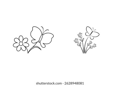Minimalist illustration of butterflies and flowers in a simple black and white line art style