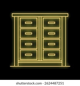 Minimalist illustration of a cabinet featuring eight drawers, illuminated by vibrant yellow neon light against a stark black backdrop
