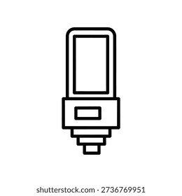 Minimalist illustration of a camera flash unit, depicted in black lines on a white background, emphasizing its basic design.