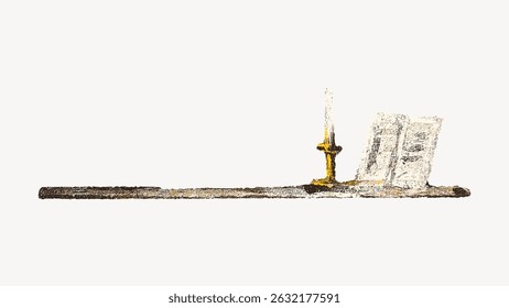 Ilustração minimalista de uma vela e livro aberto em uma superfície de madeira. A vela está acesa, lançando um brilho quente. Design simples, rústico e artístico. Vintage arte ilustração vetor.