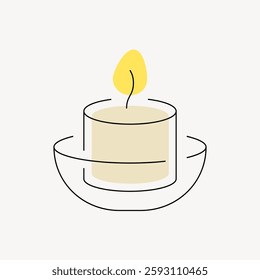 Minimalist illustration of a candle with a yellow flame in a simple line style. Candle and flame design in a clean, minimalist aesthetic. Vector illustration.