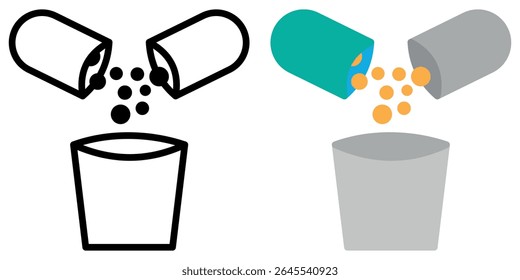 Ilustração minimalista de uma cápsula derramando grânulos em uma xícara de medicamento, mostrada em ambas as versões de contorno e cor - ideal para temas farmacêuticos ou de saúde.
