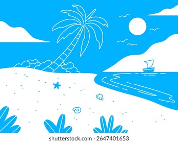 Uma ilustração minimalista captura a essência de uma cena de praia tropical, com uma palmeira inclinada, ondas suaves e um veleiro sob o sol radiante.
