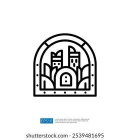 A minimalist illustration of a castle-like structure surrounded by foliage, presented within an arch-like frame. The design emphasizes simplicity and outlines.