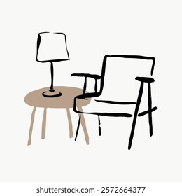 Minimalist illustration of a chair and lamp. Simple chair design, paired with a sleek lamp. Modern chair and lamp in a minimalist style. Aesthetic vector illustration isolated on white.