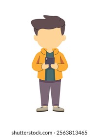 Minimalist illustration of a child holding a phone, dressed in casual clothing, showcasing modern digital habits and youth interaction with technology in everyday life
