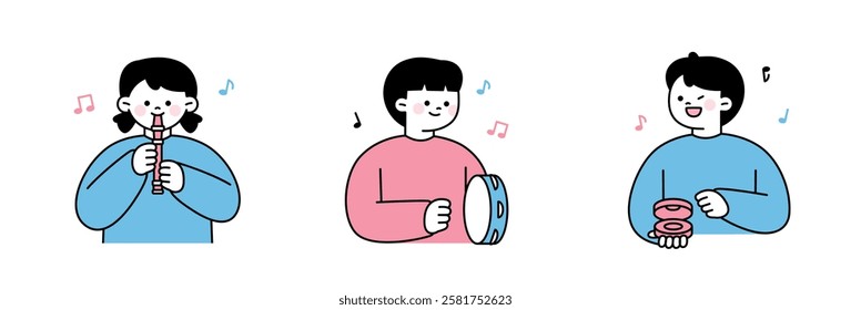 Minimalist illustration of children playing musical instruments, including a recorder, tambourine, and castanets. A fun and cheerful scene perfect for themes of music, learning, and childhood.