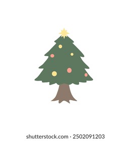 A minimalist illustration of a Christmas tree decorated with colorful round ornaments and a yellow star on top.
